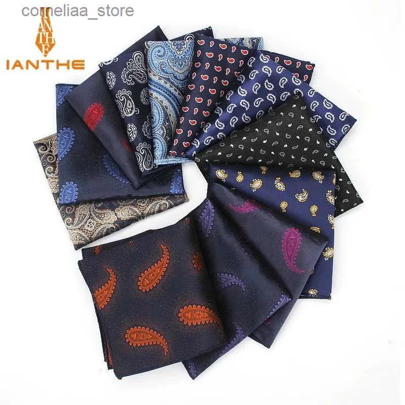 Handkerchiefs Luxury Mens Handle Paisley Silk Woven Jacquard Hanky Polyester Hanky Business Vintage Pocket Square Chest Scarf 23 * 23CM Y240326