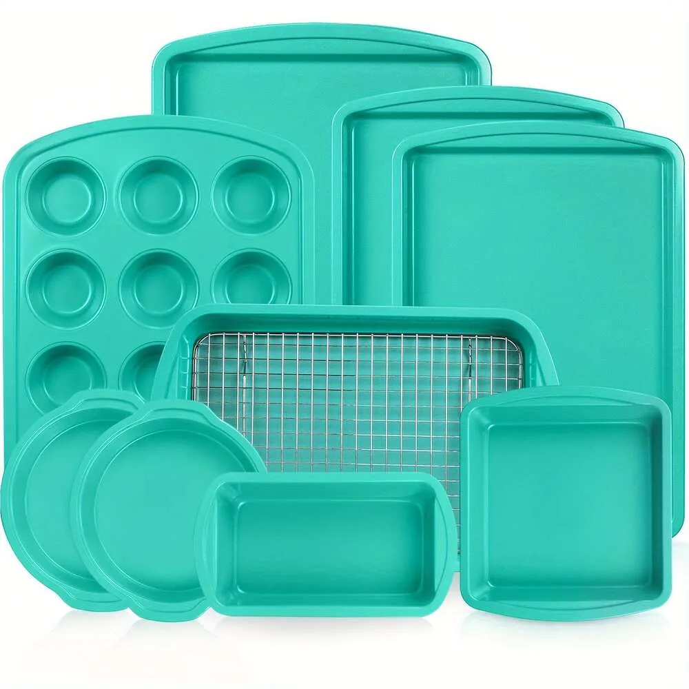 10pcs, Nonstick Bakeware Set Including Cookie Sheets, Muffin Bread Pizza Pan, Cake Pan and Cooling Rack, Oven 0.8mm Thick, Dishwasher Safe, Heavy Duty