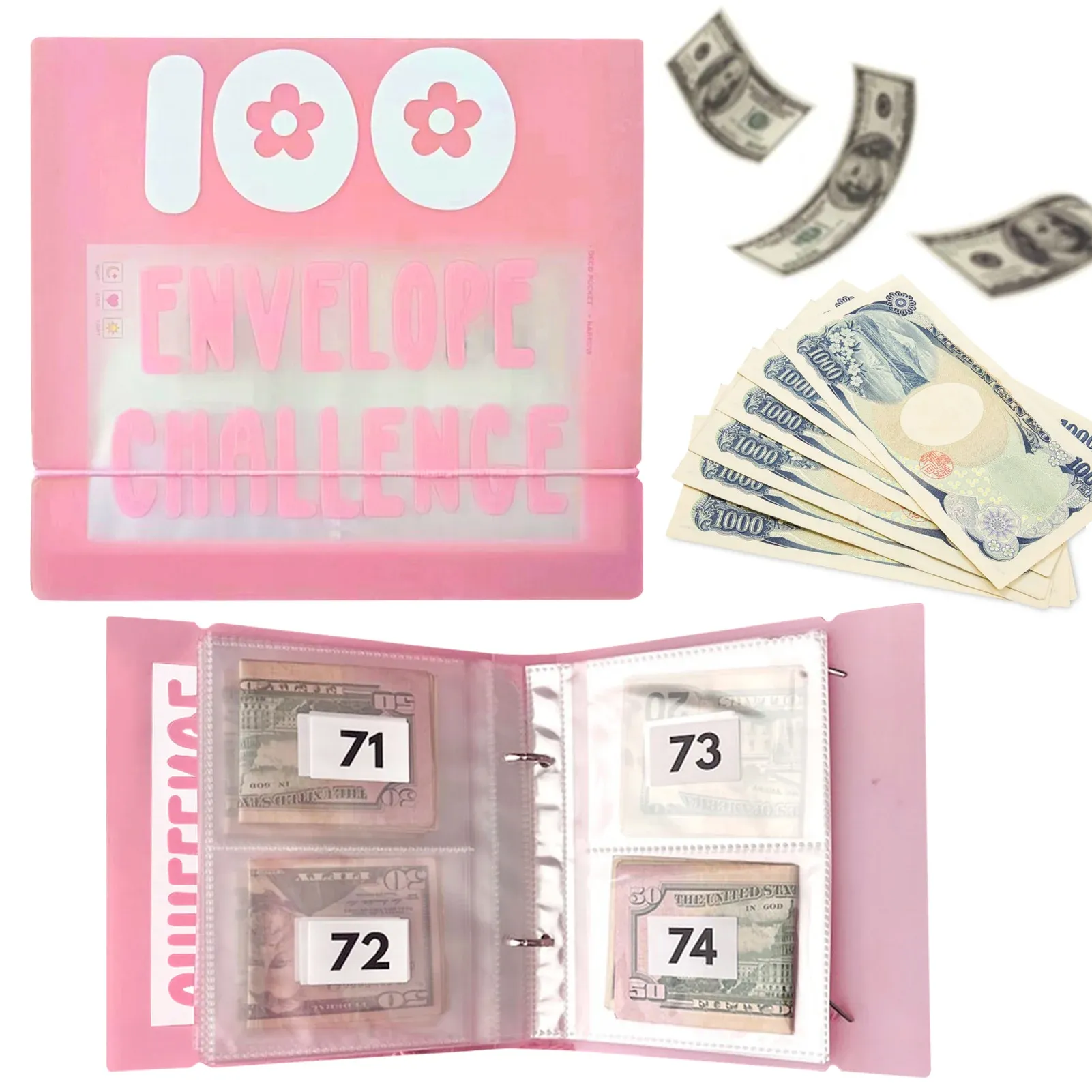 Cajas 100 bolsillos de envoltura Desafío Binder Kids Adultos Amantes Pink Visible Presupuesto Presupuesto en efectivo Planificador de regalos Money Saving Fun Box