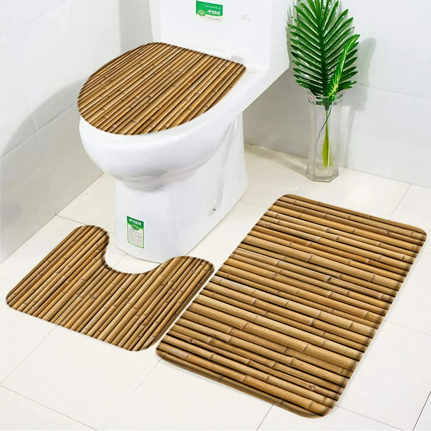 Ensemble de tapis de salle de bain en bambou, panneaux de bambou rustiques naturels marron, paillasson en flanelle, tapis de bain, siège de toilette, couverture de salle de bain, décoration de bain