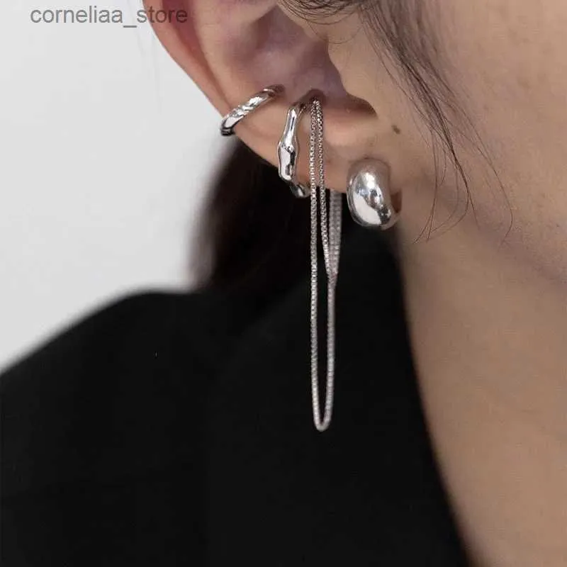 Ear Cuff Ear Cuff 4 pieces/set of newly designed gold and silver metal geometric irregular tassel chain clip earrings suitable for women Y240326