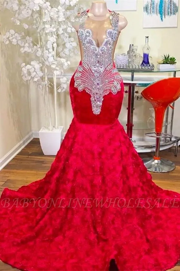 Luxury Red Prom -klänningar med vita kristaller pärlor applikationer sexiga ren juvel hals sjöjungfru ruffles spetsblommor långa aftonklänningar vestidos de bal bc15853