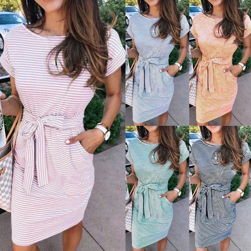 Party Dresses Casual Stripe Women Tshirt Dress O Neck Short Sleeve Plus Size Sashes Pocket Sundress Cotton Summer Loose Midi