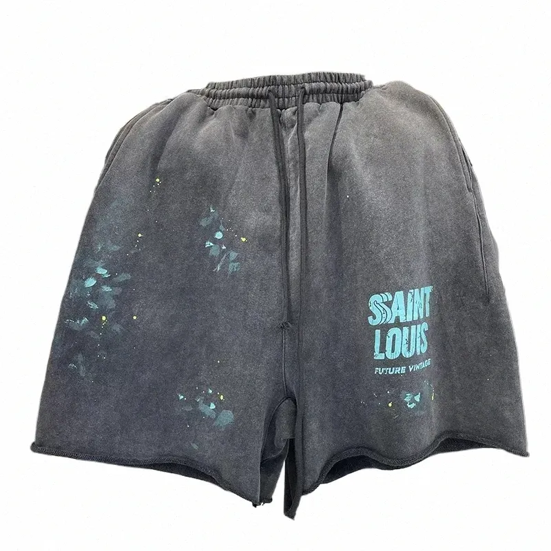 Saint Louis Clothing Handgjorda bläck Spray Retro Style Loop Fabric Summer Men's and Women's Casual Shorts W Black High Quality E2LJ#