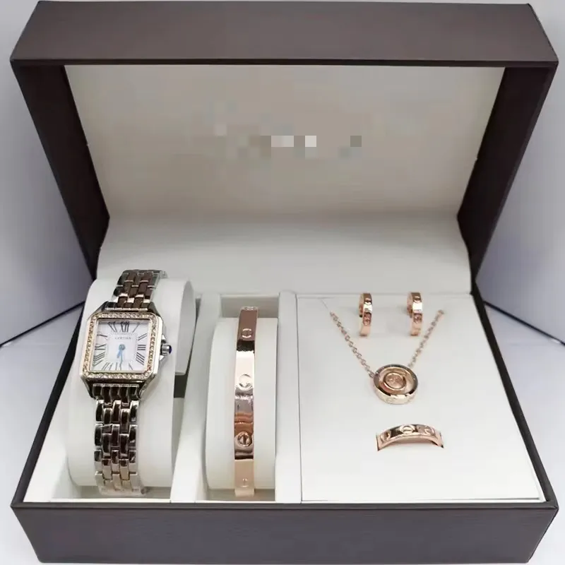 Designer polshorloges 6-delig Sierlijk quartz horloge met sieraden voor dames Tank Strass horloges Dubbel hart Ketting Armband Oorbellen Ringset met doos
