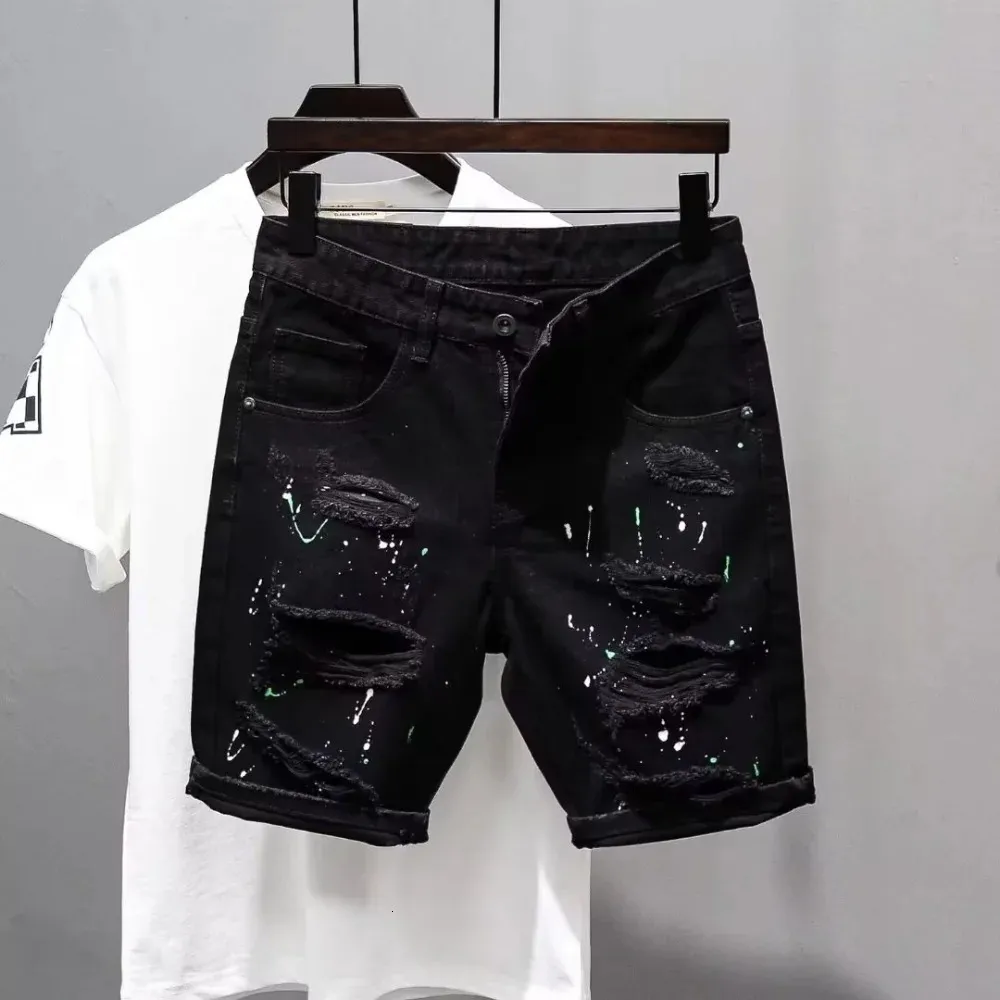 Summer Luxury Kpop Mens Y2K streetwear jeans strappato designer di inchiostro a tratto di inchiostro inchiostro angosciata fidanzato casual shorts black shorts 240321