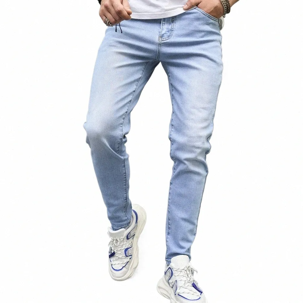 Fi Streetwear MenシンプルなソリッドスタイルスキニーLGジーンズ男性ベストクオルカジュアルジョギングデニムパンツの男性01tr＃