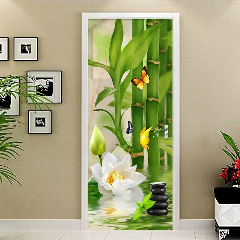 Autocollants 3D Style chinois vert bambou Photo papier peint salon étude cuisine porte autocollant PVC auto-adhésif étanche décor