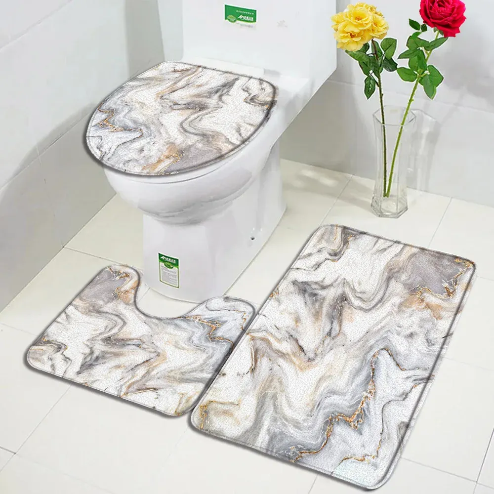 Mats Abstraktes Marmor-Badematten-Set, grau-goldenes Strukturmuster, modernes, minimalistisches Badezimmer-Dekor, Teppich, rutschfeste Teppiche, WC-Deckelbezug