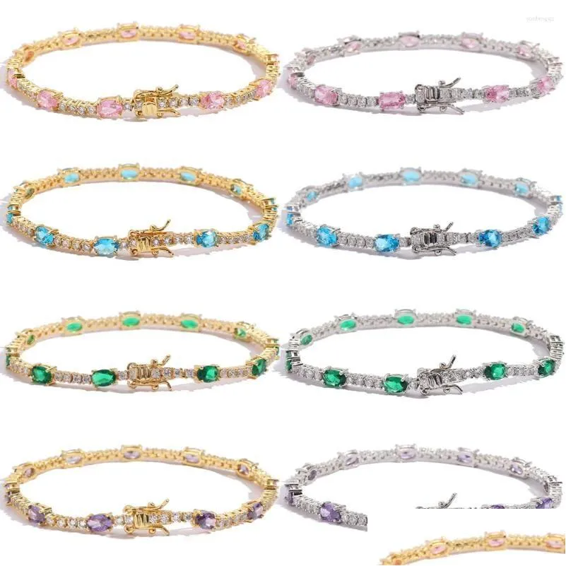 Charm Bracelets Eyika Oval Shape Pink Purple Blue Green Color Zircon Tennis Bracelet Gold Plated Colorf Girls Women Wedding Party Dr Dhvo5