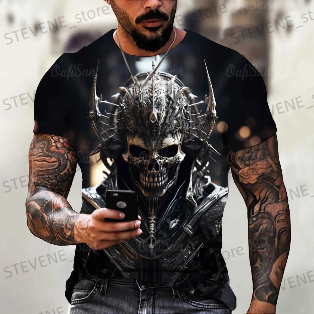 남자 티셔츠 빈티지 공포 3D 두개골 프린트 남성 여름 티셔츠 클래식 캐주얼 O 목 짧은 슬브 패션 느슨한 대형 탑 T240325