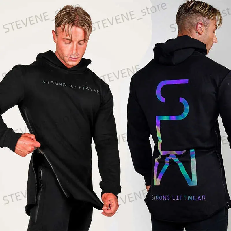 Männer T-Shirts Neue 2023 Reflektierende T-shirts Männer Mode Bunte Schwarz Tops Für Männliche Gym Mit Kapuze Jacke Strtwear Männer Lange Slve Zipper Ts T240325