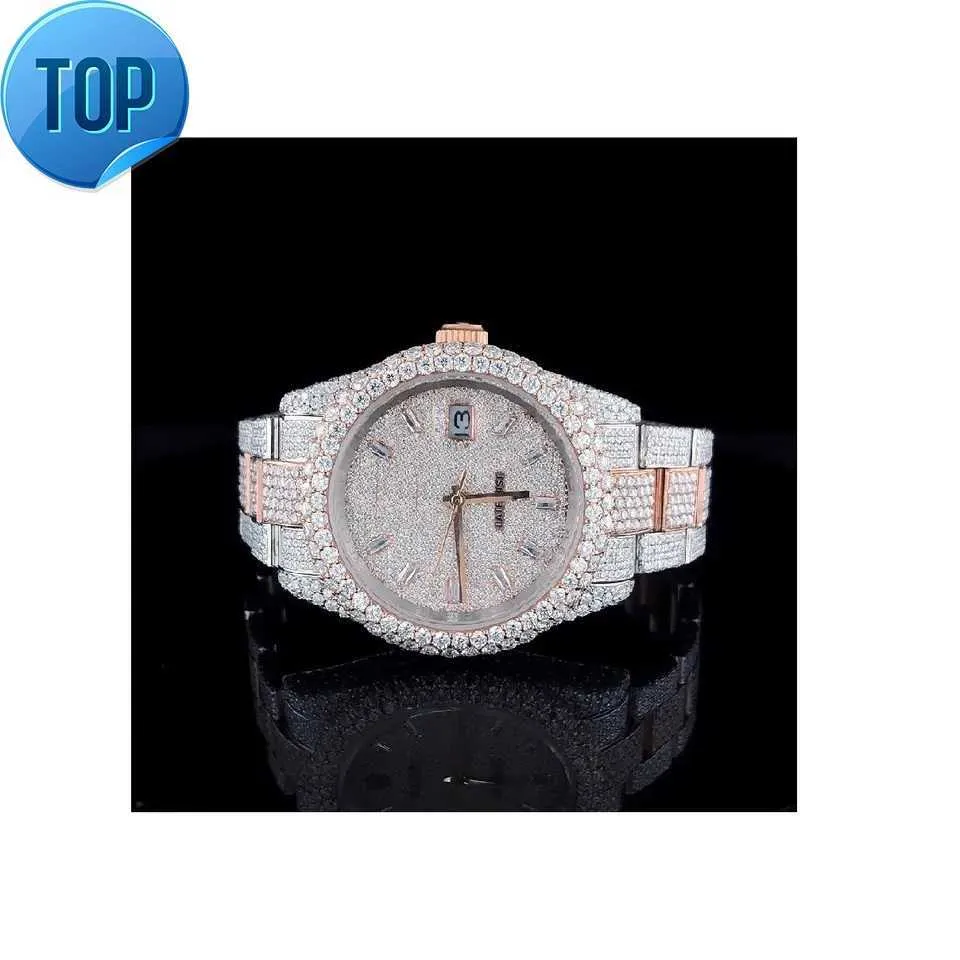 Montre antique glacée à haute demande Montre VVS Clarity Moissanite en or rose et diamants Disponible aux meilleurs prix