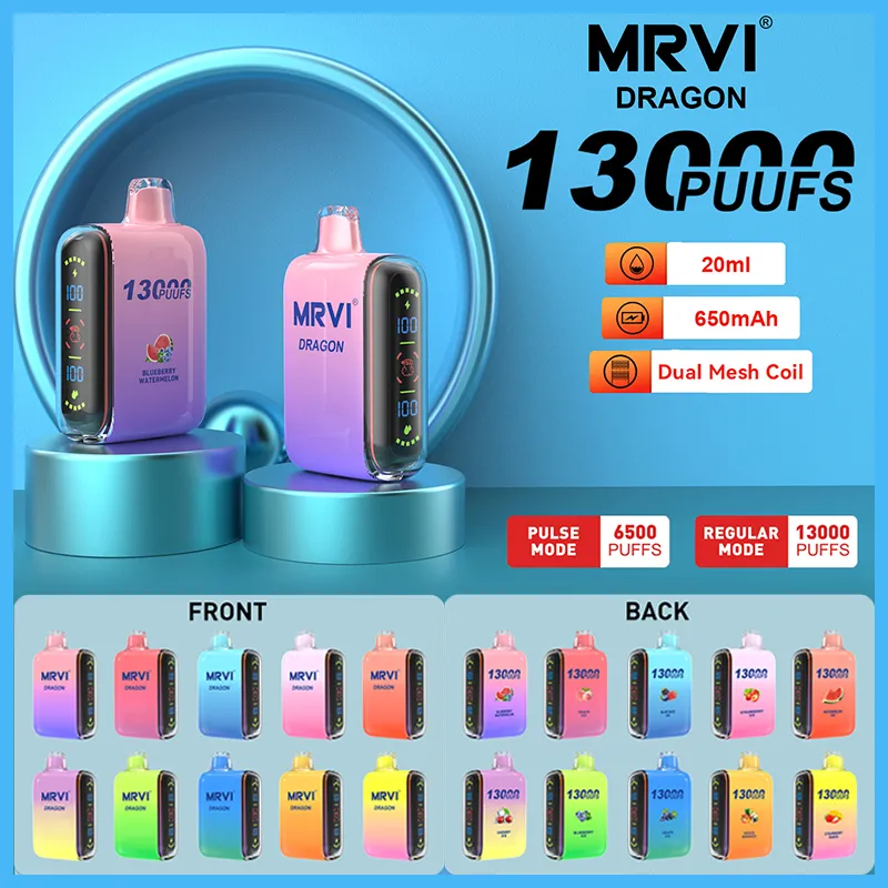 Original MRVI Dragon 13000 Puffs 6500puffs Dual Mode descartável E Cigarette Vape Pen com bateria recarregável de 650mAh 20ml Pod Mesh Coil Display 13k UE grátis