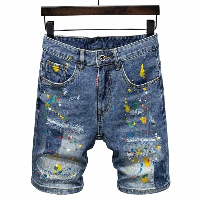 Summer Fi Men Jeans High Quality Retro Blue Elastic Stretch Ripped Short Jeans Painted Designer Hip Hop Denim Shorts Men o1hn#