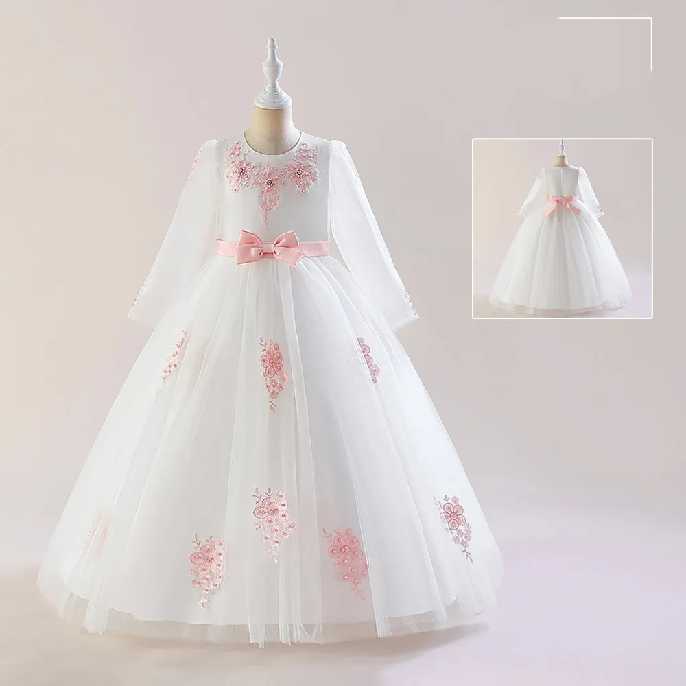 Bellezza Bianco Gioiello Maniche lunghe Abiti da spettacolo per ragazze Abiti da cerimonia per ragazze Abiti da compleanno/festa per ragazze Ragazze per tutti i giorni Gonne Abbigliamento per bambini SZ 2-10 D326175