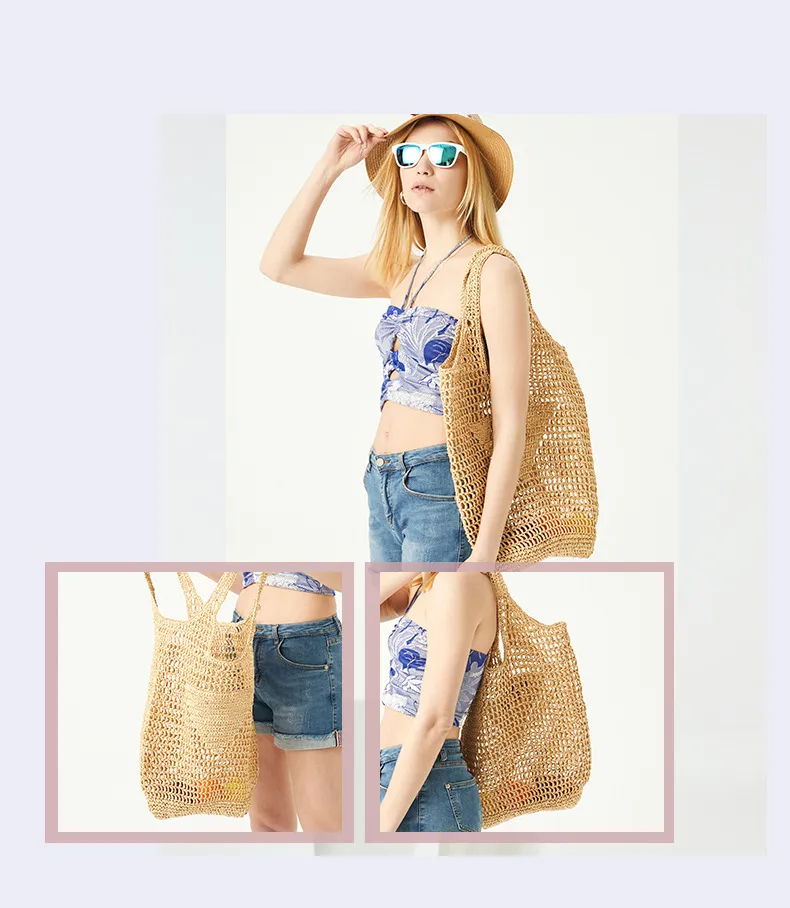 Borsa a rete intrecciata per la spesa estiva Borsa shopping Borsa di paglia Borsa da spiaggia Borsa da vacanza Borsa tote Borsa firmata Moda Grande capacità Versatilità della moda femminile Classico