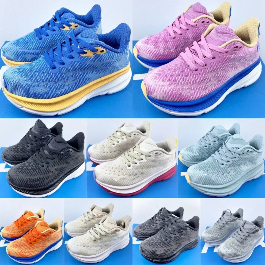 أحذية الأطفال واحدة Clifton 9 Runner Children Sneakers نابضة بالحياة برتقالية أسود مدرب الرمال الشباب الصغار الصغار الفتيات