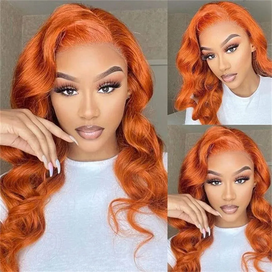 13x4 Ginger Orange Body Wave Human Hair Spets Frontal Wig HD Transparent spets frontala mänskliga hår peruker spetsar peruker för kvinnor