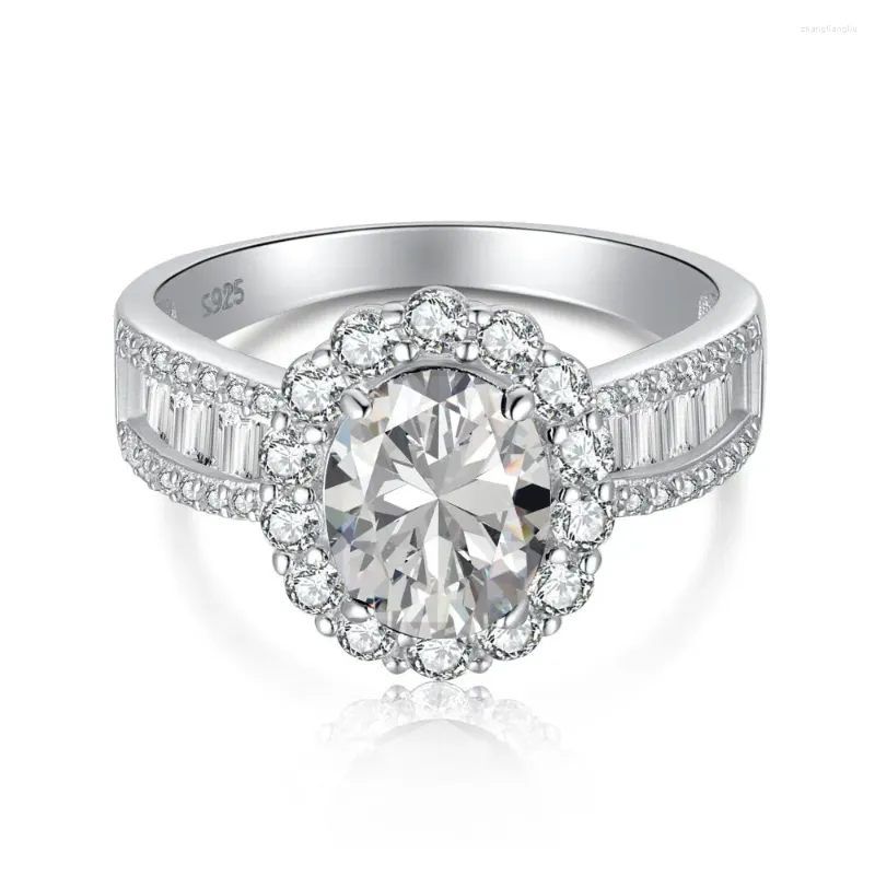 Кольца кластера Серебряное кольцо S925 Достойные и элегантные ювелирные изделия с имитацией сапфира овальной формы