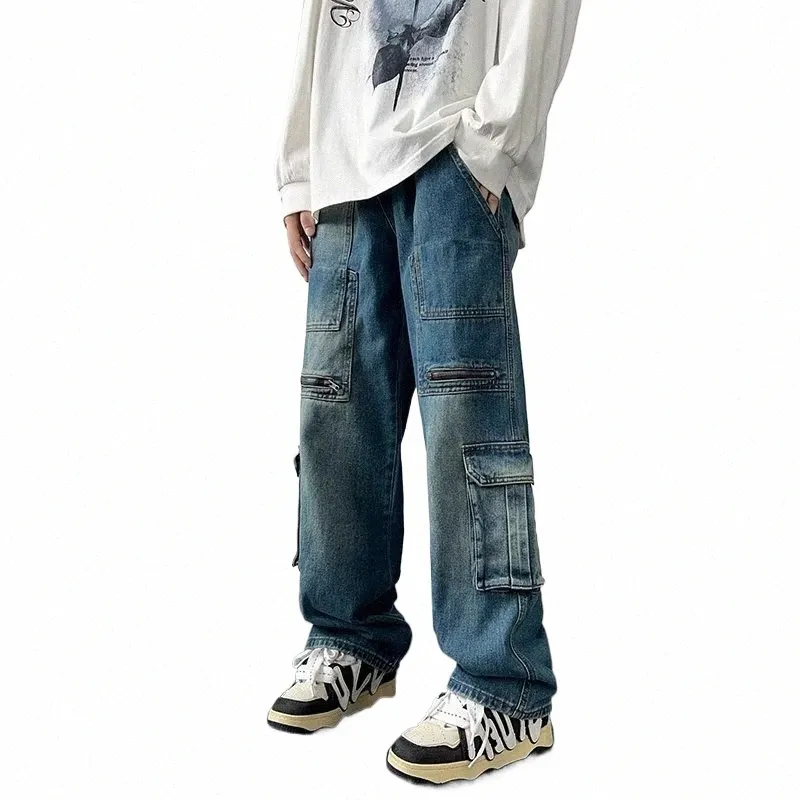 american Streetwear Multi-pocket Cargo Jeans For Men Y2K Vintage Wide Leg Denim Pants Hip Hop Fi Baggy Jean Hombre Trousers n1Up#