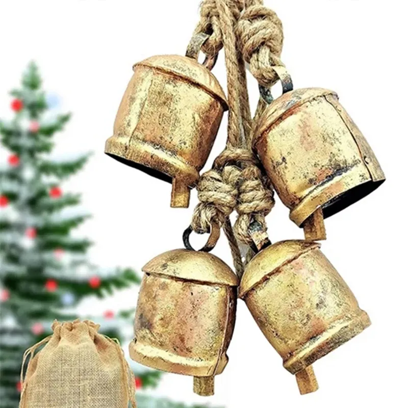 Klokkenspel Vintage Stijl Metalen Kerstklokken Rustiek Messing Goud Grote Bell Koe voor Huis Tuin Decor Ambachten Kerstversiering 2023