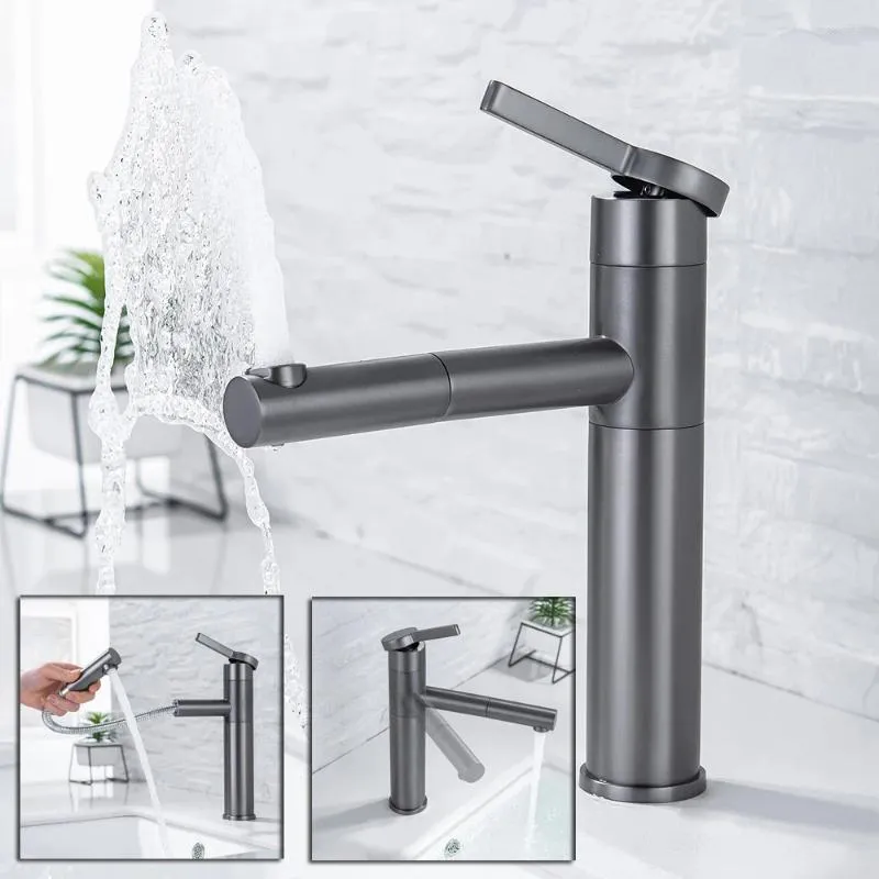 Bathroom Sink Faucets SKOWLL 360 Rotating Basin Faucet Deck Mount Pull Down With Nozzle Gun Gray H3366QH