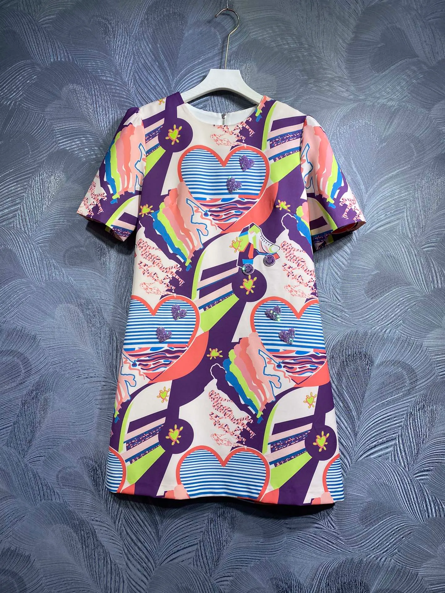 2024 novo vestido retro impressão high end magro em torno do pescoço manga curta saia evasê