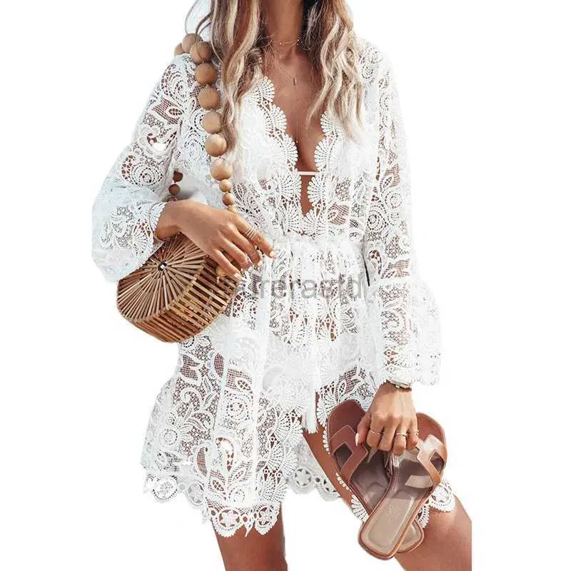 Women's Swimwear Womens floral hollow down duvet cover bathroom beach suit lace crochet swimsuit duvet cover beach dress tuning beach dress S-XL 240326