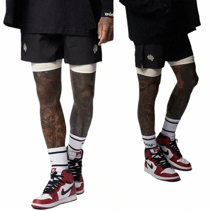 men Shorts 2 in 1 Basketball Sports Men Joggers Sweatpants Jogging Fitn Quick-drying Male Short Pants Black P77u#
