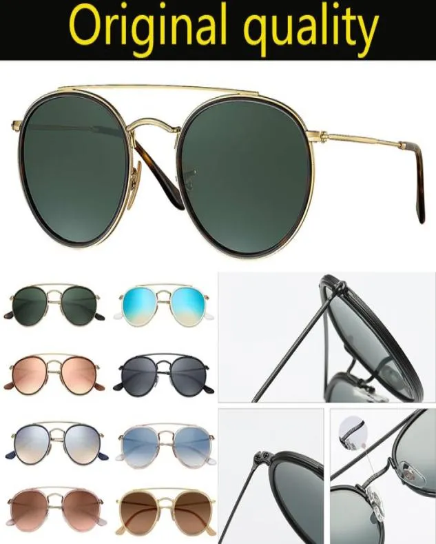 Óculos de sol redondo vintage 3647, ponte dupla, metal, feminino, masculino, uv400, lente de vidro, flash, sol1872275