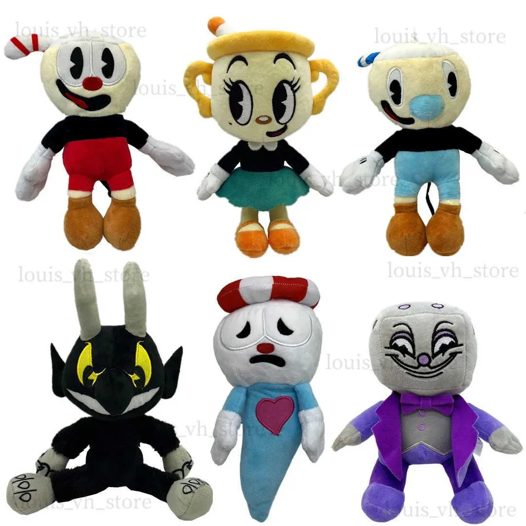 Pluszowe lalki 25 cm Puchar Pluszowa zabawka Mugman Pani Chalice Ghost King Dice Cagney Carnanntion Puphead Plush Dolls Toys For Children Prezenty T240325
