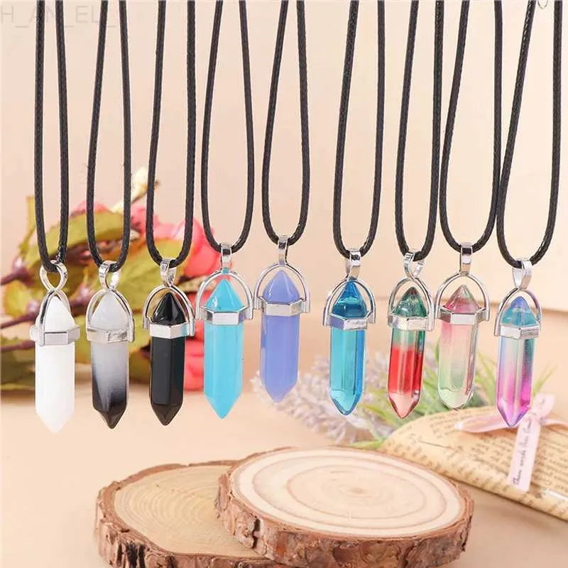 Pendant Necklaces Natural Stone Quartz Lapis Opal Amethyst Pink Crystal Stone Hexagonal Column Pendant Necklaces Leather Chain Bullet NecklaceC24326