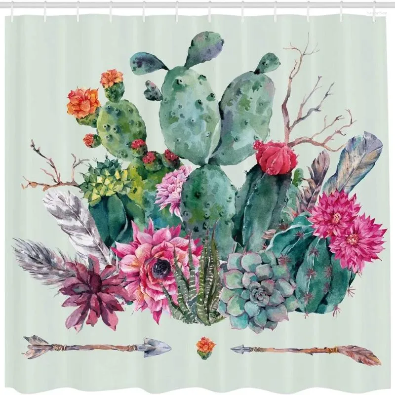 Shower Curtains Fashion Curtain Cactus Prickly Plant Flower Pattern Waterproof Belt Hook Suit Fabric Bathroom Decoration