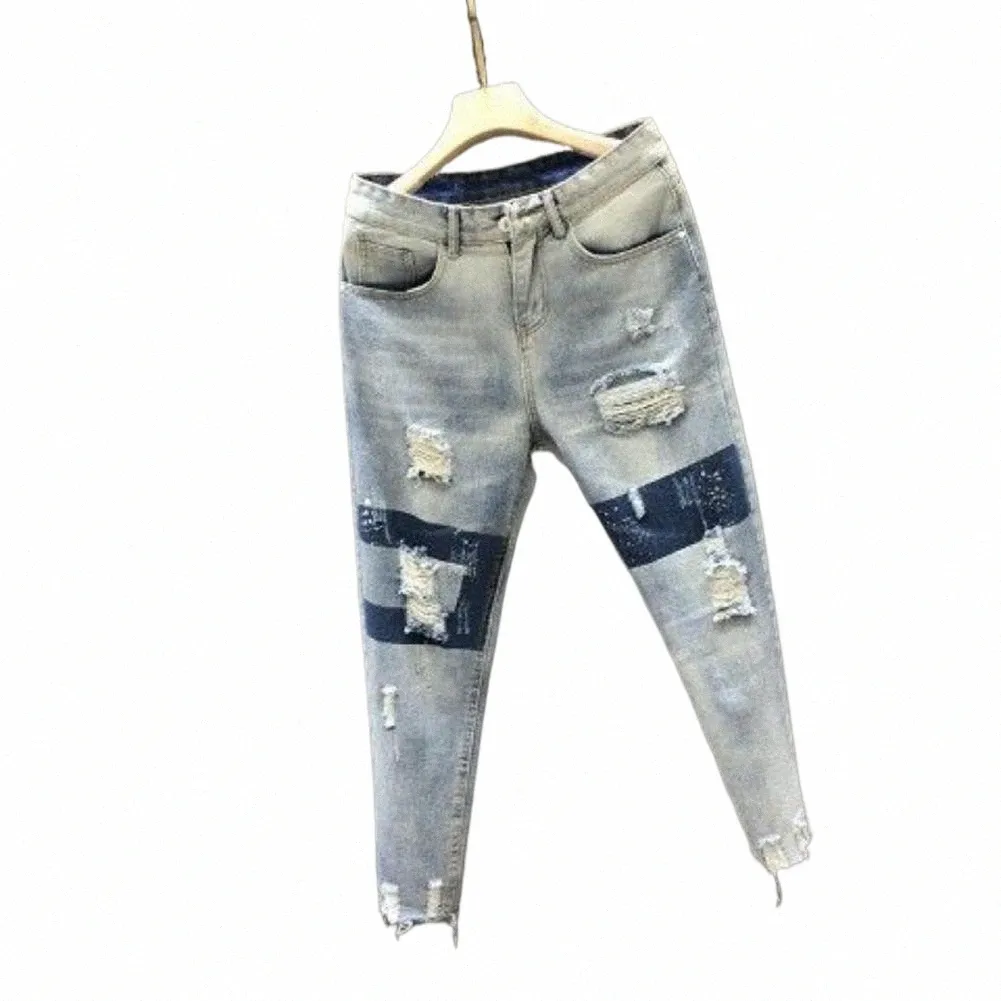 Eenvoudige gescheurde jeans Onderhoudsvriendelijke herenjeans Nauwsluitende Dr Up heren gescheurde denimbroek b3qh#