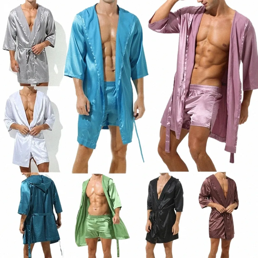 Mens Hooded Bathrobe med shorts Set Short Sleeve Men Pyjama Bath Robe Set Summer Silk Satin Nightgown Kimo Bathrobe Sleepwear L1ag#