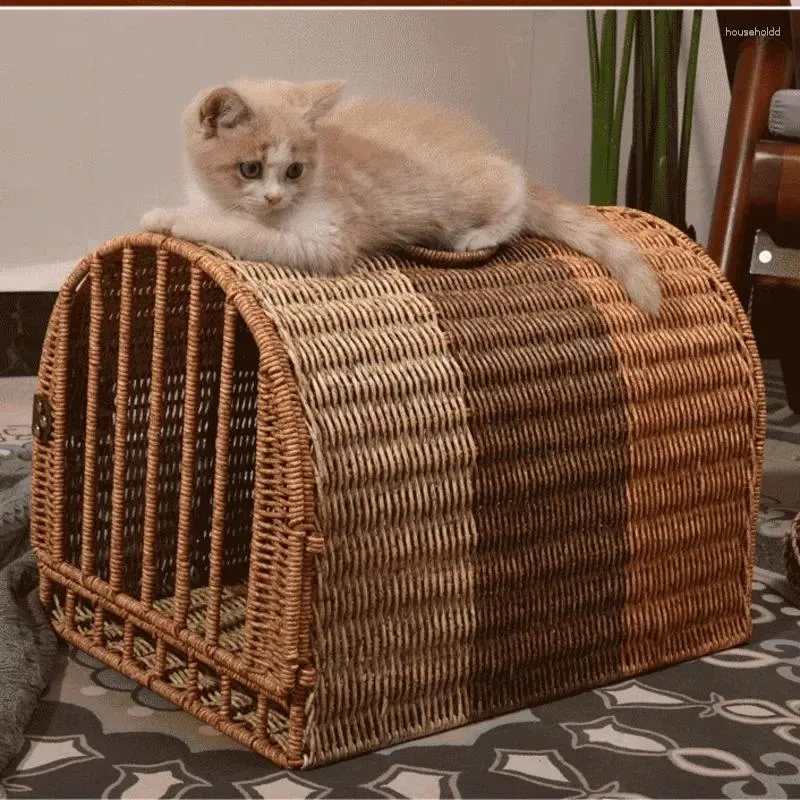 Cat Carriers Portable Handwoven Rattan Carry Breathable Comfortable Basket Ideal for Car Travel and Outdoor Adventures with Pets