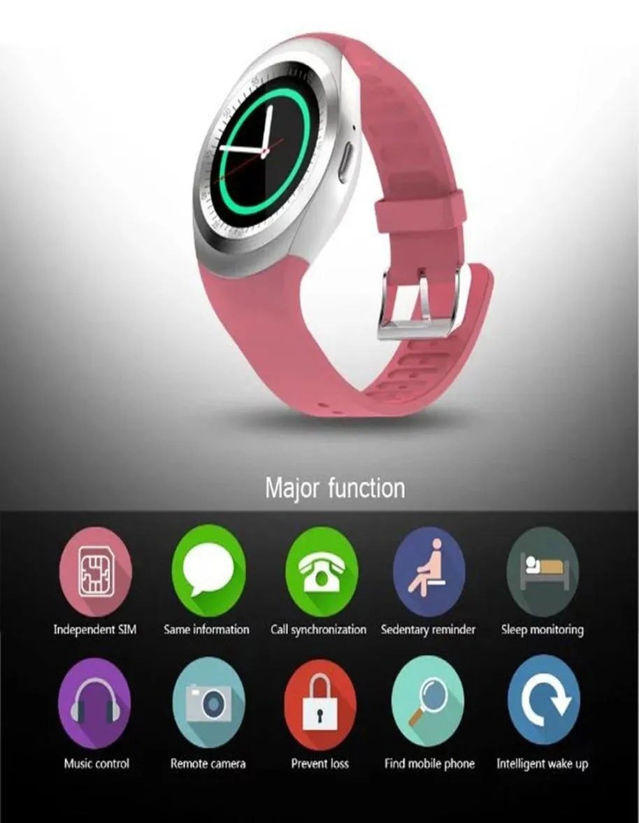 Y1 Smart Watch Bluetooth 터치 스크린 가죽 스트랩 손목 카메라 SIM TF 카드 슬롯 Android PK Z3 V8 A12444792 용 스마트 워치.