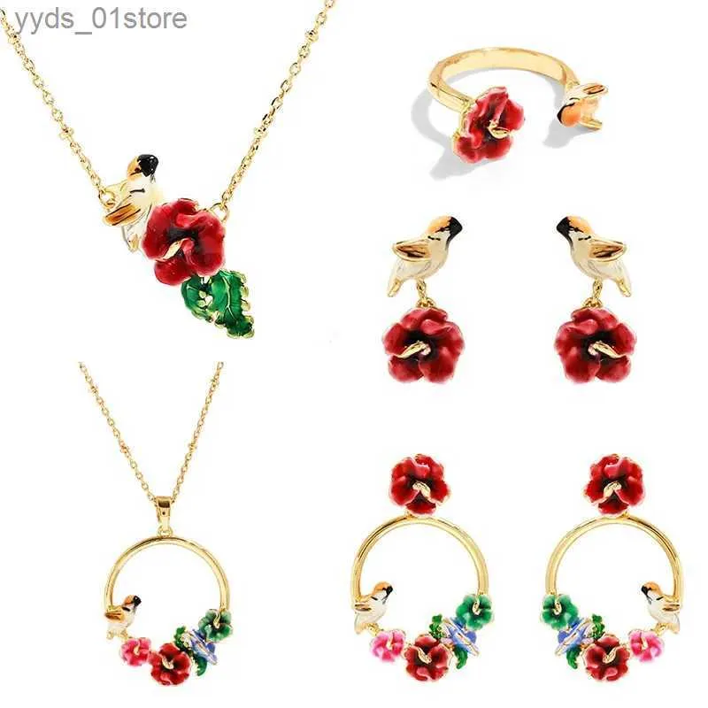 Boucles d'oreilles Collier Romantique Élégant Fleur Oiseau Ensembles de Bijoux Pour Femmes Émail Glaçure Cuivre Animal Plante Boucle D'oreille Bague Collier L240323