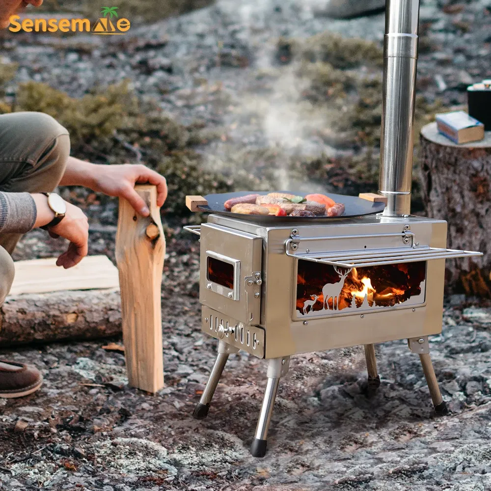 Griglie Grande stufa a legna portatile, acciaio inossidabile 304, tubo per finestra per riscaldamento tenda, lettino da campeggio, cucina per pesca sul ghiaccio, barbecue all'aperto