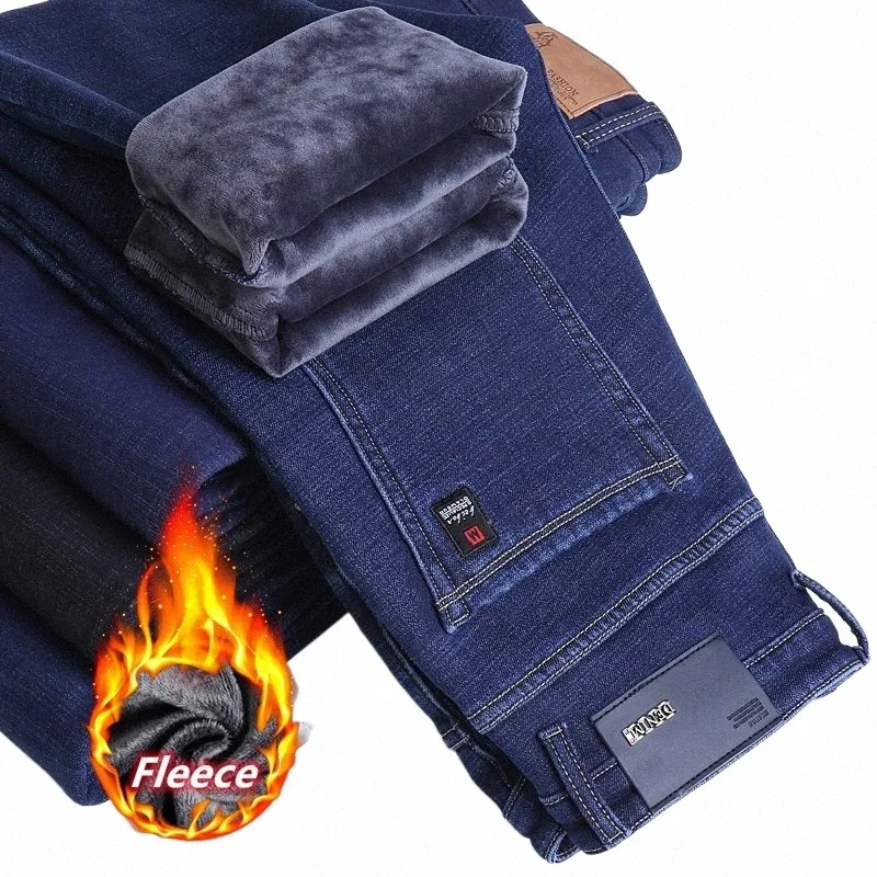 Classic Badge Men's Straight Leg Loose Winter Jeans Grab Fleece Grosso Quente Busin Casual Cott Stretch Denim Calças Calças 08lV #
