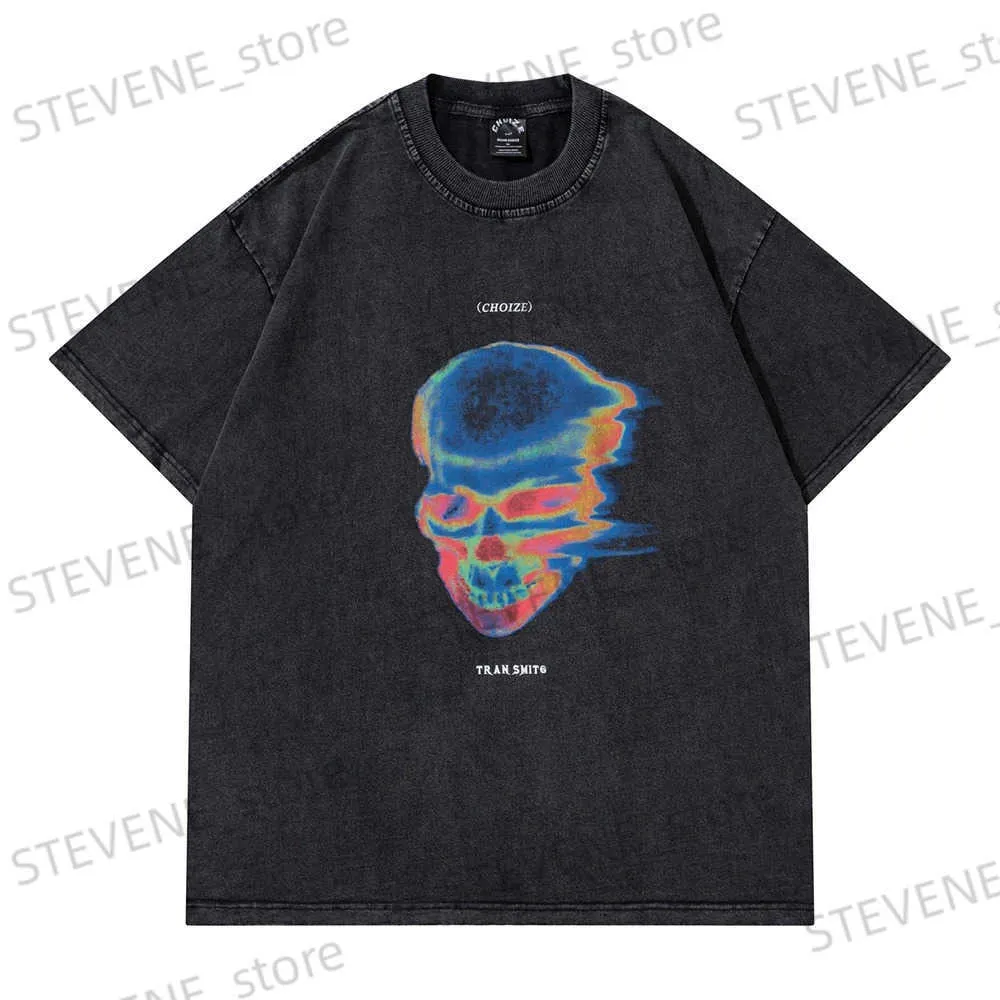 Men's T-Shirts Washed Retro Skull Head Letter Short Slve Mens Top Ts Round Neck Loose Casual Summer Tshirts Unisex Oversize Hip Hop Tanks T240325