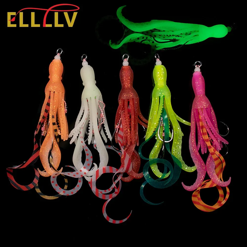 Elllv 10 pièces jupe de calmar souple lumineuse avec crochet d'assistance pêche en eau salée vivaneau Kabura Pesca Wobbler leurre de pêche 240314