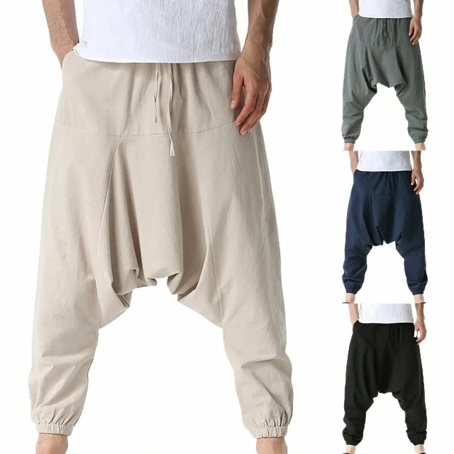 men Casual White Sweatpants Casual Baggy Trousers Summer Loose Drawstring Mid Waist Yoga Harem Pants With Pockets Breeches 46fw#