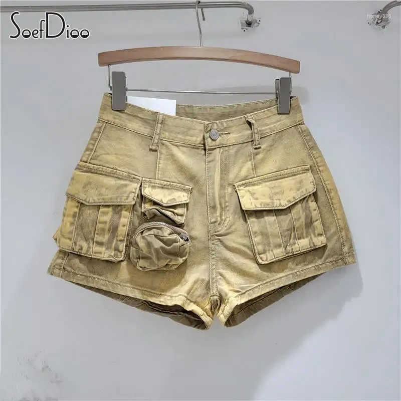 Frauen Shorts Soefdioo Khaki Multi Taschen Cargo Jean Frauen Hipster Niedrige Taille A-Line Hosen 2024 Sommer Weibliche Böden Streetwear