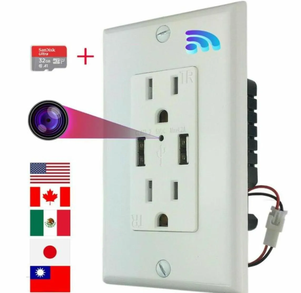 Hidden micro monitor nanny camera WiFi AC wall socket with 32G memory card for remote viewing1147848