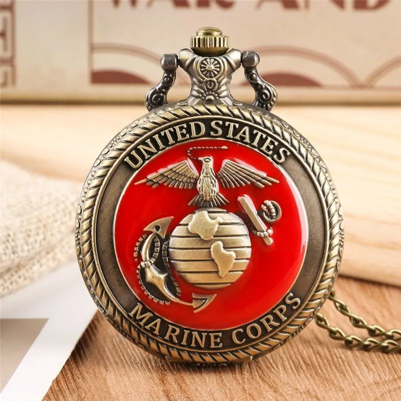 Vintage United State Marine Corps Theme Quartz Pocket Watch Fashion Red Souvenir Pendant Necklace Chain Military Watches Top Gifts223H