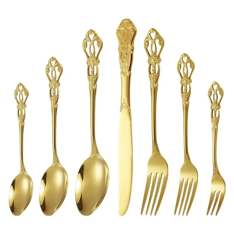 Gold Cutlery Set European Style Stainless Steel Spoon Fork Royal Steak Knife Retro Hollow Design Dinnerware Set Home Decor