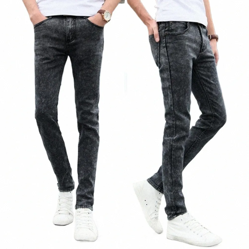 LG Pantolon Yüksek Elastikiyet Deri-Touch Dring Up Erkekler Denim Kalem Pantolon Skinny Jeans Kalem Kot Street Giyim C8NW#