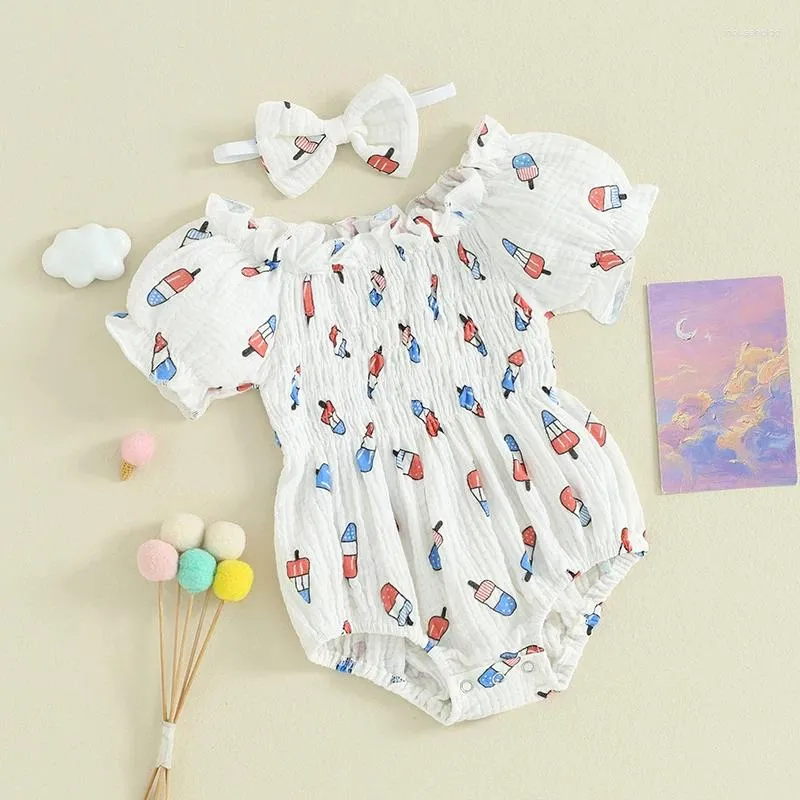 Kläderuppsättningar född baby flicka 4 juli outfit amerikansk flagga smockad bubbla romper kort ärm Ruched bodysuit med pannband
